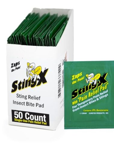 CoreTex Sting X Insect Sting Relief Wipes - Pack of 50 Single-Use Pain Relief Pads Containing 6% Benzocaine - Relieves Discomfort from Bees, Wasps, Hornets, Mosquito Bites, & More