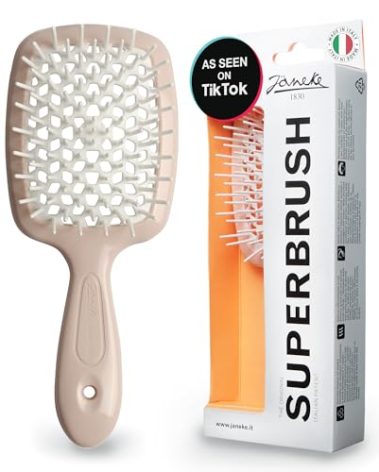 Janeke Superbrush Detangling Brush for Soft Smoothing Hair Brushing with Anti-Static Bristles - Vented Wet Hair Brush for Blow Drying Use - Perfect for Curly, Thick, Wavy, Fine Hair Types (Nude)