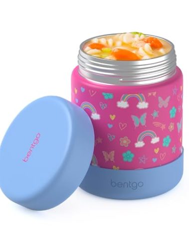 Bentgo Kids Stainless Steel Food Jar - 11oz Leak-Proof Double Insulated Hot or Cold Food Container with Removable Silicone Bumper, Dishwasher Safe, Easy Open Lid, Ages 3+ (Rainbows and Butterflies)