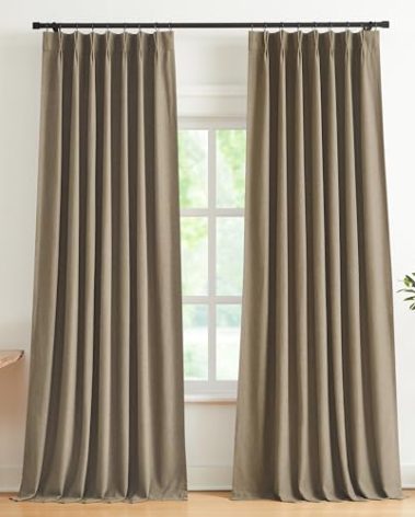 Vision Home Brown Pinch Pleated Full Blackout Curtains Linen Blended Room Darkening Window Curtains 90 inch for Living Room Bedroom Thermal Insulated Pinch Pleat Drapes with Hooks 2 Panel 40" Wx90 L