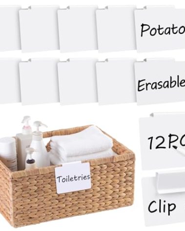 Utron 12pcs White Basket Labels, 3.5x2.7 Clip On PVC Labels with Pen for Storage Bins, Removable Label Holders, Regular