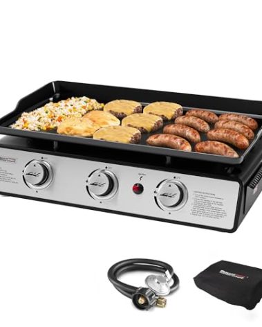Royal Gourmet PD1301S Portable 24-Inch 3-Burner Table Top Gas Grill Griddle with Cover, 25,500 BTUs, Outdoor Cooking Camping or Tailgating, Black