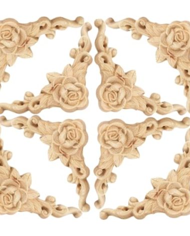 Wood Carved Appliques Onlays, 8Pcs Rose Corner Decals Unpainted Wooden Rosette Carvings for Door Cabinet Mantels Mirror Dresser Wall Ceiling Bed Furniture Upgrade Decoration, 15x15cm/5.9x5.9in