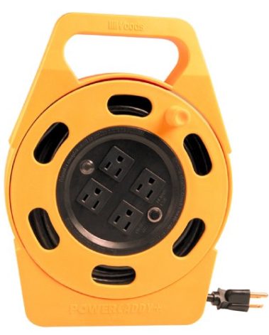 Woods 2801 Extension Reel with Four 3-Prong Power Outlets; Heavy Duty Retractable Cord; User Friendly; Made of Flame Resistant Materials; 10 AMP Circuit Breaker; 25 Foot; Yellow; Orange