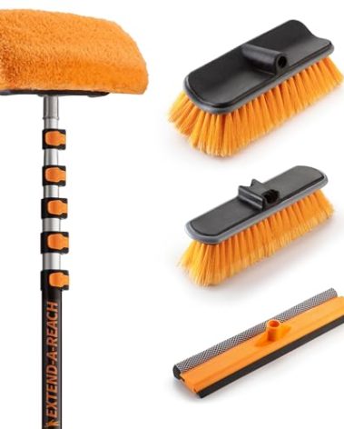 30-Foot Exterior House Cleaning Brush Set with 5-24 ft Extension Pole // Vinyl Siding Brushes with Telescopic Extendable Pole & Window Cleaning Squeegee Tool // The Ultimate Extension Scrub Brush Set