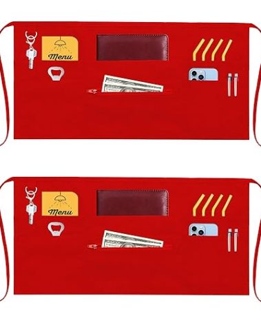 TEXVIDA 7 Pockets Server Aprons with Zipper Pocket (2 Pack) - Commercial Grade Aprons for Women Men - Waiter Waitress Waist Half Apron - Red 24x12