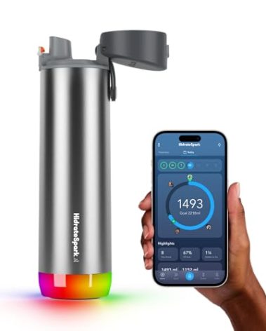 Hidrate Spark PRO Smart Water Bottle 21oz Brushed Steel | Tracks Water Intake, Bluetooth, LED Glow Reminder, When You Need to Drink, Chug Lid