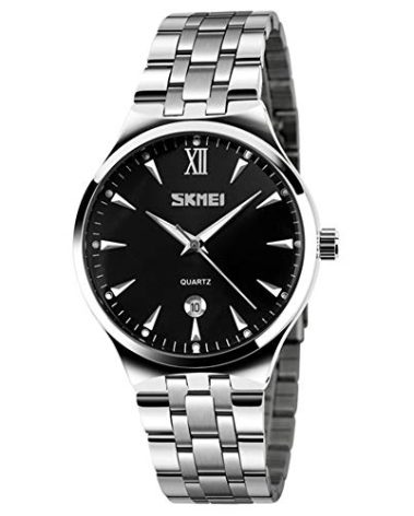 SKMEI Business Men's Brand Watch Stainless Steel Band Date Display Good Looking Luminous Pointer Quartz Wristwatch (Silver+Black)