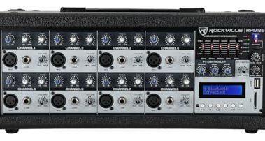 Rockville RPM85 2400W Powered 8 Channel Mixer, Bluetooth, USB/SD, 5 Band EQ, Adjustable Echo/Delay, +15V Phantom Power, for Live Music and Events