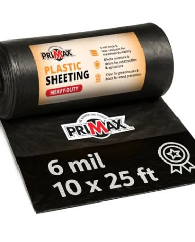 PRIMAX 6 mil Plastic Sheeting (10'x25')– Waterproof, UV Resistant, Heavy Duty Thick Plastic Sheeting Roll for Weed Barrier, Moisture, Vapor Barrier, Construction Film, Lumber Tarp, Ground Cover, Black