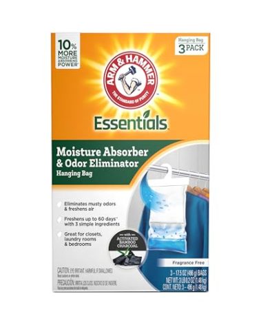Arm & Hammer Essentials Hanging Moisture Absorber and Odor Eliminator, 17.5 oz., 3 Pack, Fragrance Free, Moisture Absorbers for Closets, Laundry Rooms and Bedrooms, Long-Lasting Freshness