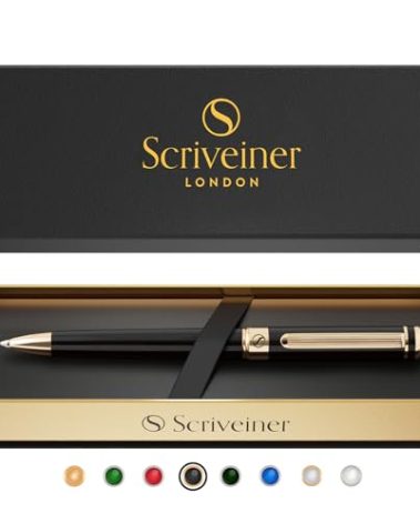 Scriveiner Black Lacquer Ballpoint Pen -Stunning Luxury Pen, Real Gold Plating, Schmidt Black Refill, Best Gift Set for Men & Women, Professional Executive Office, Nice Fancy Designer Pens