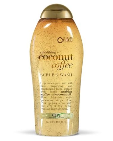 OGX Smoothing + Coconut Coffee Exfoliating Body Scrub with Arabica Coffee & Coconut Oil, Moisturizing Body Wash for Dry Skin, Paraben-Free with Sulfate-Free Surfactants, 19.5 Fl Oz