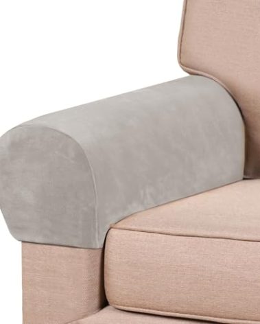 PrinceDeco 2 Pack Thick Velvet Stretch Armrest Covers for Chairs and Sofas Armchair Covers for Arms Couch Arm Covers Armrest Covers for Sofa Non Slip, Oatmeal