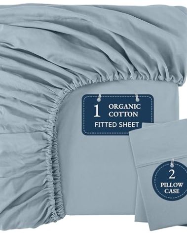 LANE LINEN 100% Organic Cotton Fitted Sheet Queen Size - 3 Pc Set (1 Fitted Sheet, 2 Pillowcases), Soft Percale Weave, Soft, Breathable, Fits Mattress Upto 15" Deep - French Blue (No Flat Sheet)