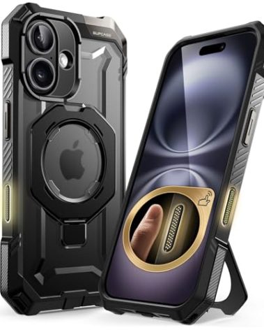 SUPCASE for iPhone 16 Case with Camera Control Capture Button (Unicorn Beetle Grip), [Compatible with MagSafe] Rugged Magnetic Stand Translucent Back Phone Case for iPhone 16 6.1'' 2024, Black