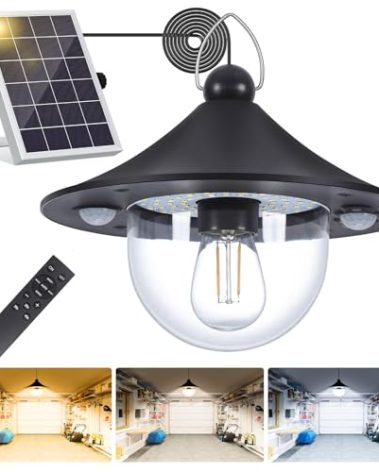 Solar Lights Outdoor Indoor with 3000LM 3 Color Temper Daytime Available, Solar Outdoor Lights Waterproof with Remote Dual Motion Sensor & 5 Light Modes, Hanging Solar Lights for Shed, Gazebo, 1 Pack