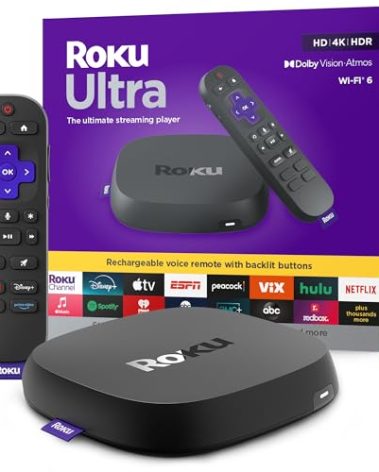 Roku Ultra - Ultimate Streaming Player - 4K Streaming Device for TV with HDR10+, Dolby Vision & Atmos - Bluetooth & Wi-Fi 6- Rechargeable Voice Remote Pro with Backlit Buttons - Free & Live TV