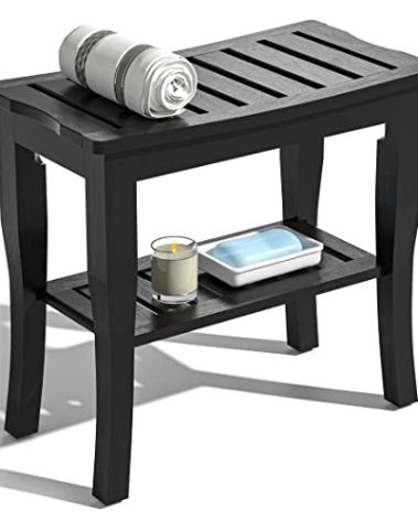 Domax Bamboo Shower Bench & Stool Waterproof - Wood Shower Bench with Storage Shelf for Inside Shower(Black)