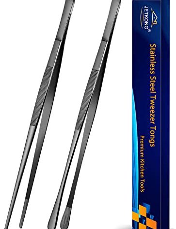 JETKONG 2 Pcs 12-Inch Kitchen Tweezers Tongs with Precision Serrated Tips, Stainless Steel Chef Tweezer Professional Cooking Tweezers for BBQ, Plating and Serving (12-Inch, Black)