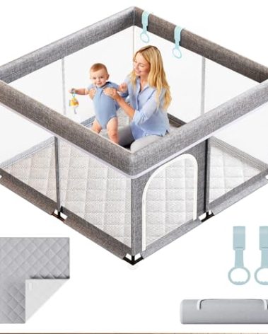 kitiver Baby Playpen with Mat 50x50inch - Indoor Safety Playpen for Babies and Toddlers with Mat, Soft Breathable Mesh, All-Wrapped Sponge, Sturdy Play Yard with Stable and Magic Sticker
