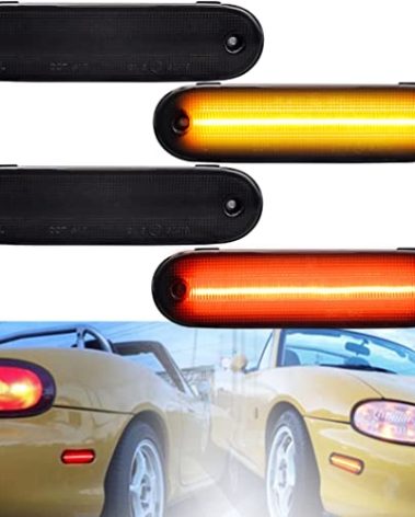 4/Pcs Front/Rear Miata LED Side Marker Lamp Lights for 1990-1997 Mazda Miata MX-5/1999-2005 Mazda Miata MX5 Black Smoked Lens Driver/Passenger Amber/Red LED Turn Signal Sidemarker Lamps Replacement