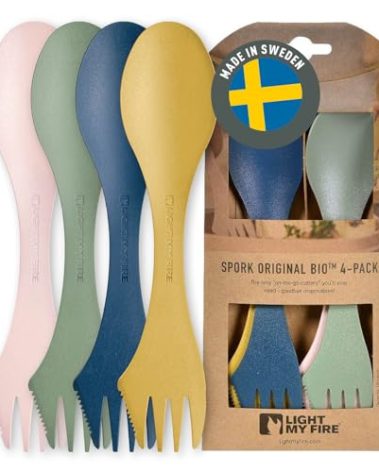 Light My Fire Spork Original 4-Pack 3-in-1 Camping Spoon Fork Knife Combo Reusable Travel & Camping Utensils Lunch Spork Outdoor Backpacking Hiking Picnic Utensil BPA Free, Nature