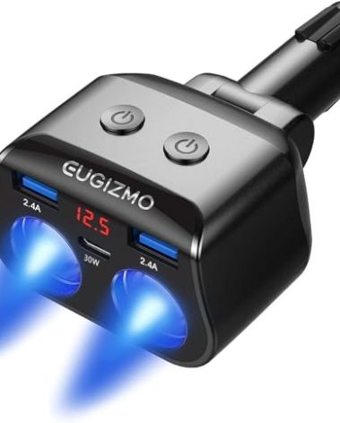 EUGIZMO Dual Car Charger Adapter, 200W Double Cigarette Lighter Adapter Outlet Dual Cigarette Lighter Plug Splitter USB Charger 12V Cigarette Lighter Socket Plug Splitter 2 Socket for Car