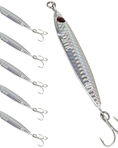 5 Pack 60g Vertical Casting Jigs Set with Super Sharp Treble Hooks, Silver - Saltwater & Freshwater Compatible