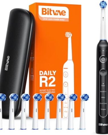 Bitvae R2 Rotating Electric Toothbrush for Adults with 8 Brush Heads, Travel Case, 5 Modes Rechargeable Power Toothbrush with Pressure Sensor, 3 Hours Fast Charge for 30 Days, Black