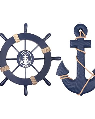 2 Pack 11" Nautical Beach Wooden Ship Wheel and 13" Wooden Anchor with Rope Nautical Boat Steering Wheel Rudder Anchor Wall Art Decor Door Hanging Ornament Beach Theme Home Decoration(Blue)