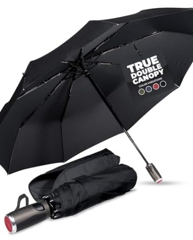 LifeTek Traveler 45 FX2 Windproof Travel Umbrella, Automatic Open Close, Compact for Rain and Sun, Fits in Purse or Backpack, Strong Lightweight Durable Frame, UV Protection, Small and Portable Black