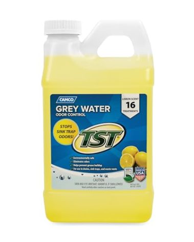 Camco TST Camper/RV Grey Water Odor Control - Removes Grease Buildup in Gray Water Tank, Sink & Shower Drains - 4oz Treats 40-Gal Holding Tank - Safe Septic Tank Treatment - Lemon, 64 oz (40256)