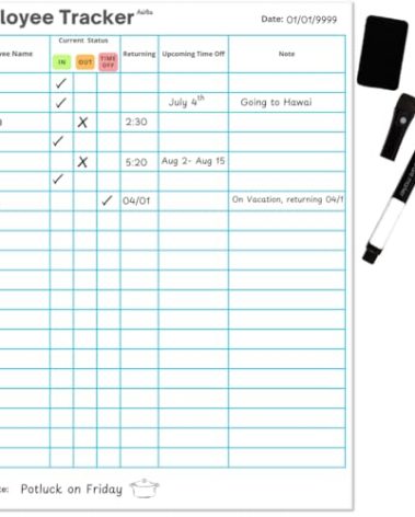 Premium Quality Employee in and Out Tracker Board - Magnetic Dry Erase – Real-Time Attendance, Return Time & PTO Tracking – Flexible Office & Staff Schedule Organizer for Daily Operations