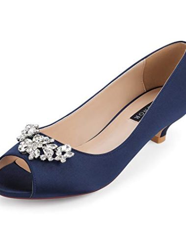 ERIJUNOR E0111 Women Comfort Low Kitten Heels Rhinestones Peep Toe Wedding Evening Party Shoes Dress Pumps Navy Size 8