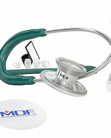 MDF Instruments, Acoustica Lightweight Stethoscope for Doctors, Nurses, Students, Home Health Use, Adult, Dual Head, Dark Green Tube, Silver Chestpiece-Headset, MDF747XP09