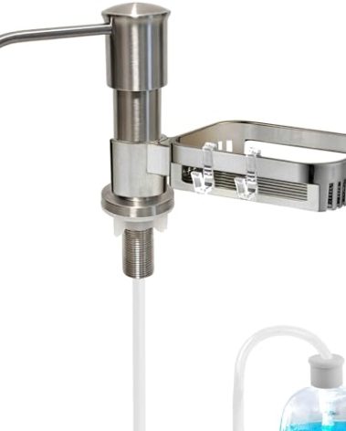 Soap Dispenser for Kitchen Sink, Built in Sink Soap Dispenser Pump with Sponge Holder, Under Counter Brushed Nickel Stainless Steel Dish Soap Dispenser with 40” Extension Tube Kit