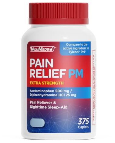 ValuMeds Compare to Tylenol PM PM Pain Reliever & Sleep Aid, Generic Acetaminophen 500mg, Fast-Acting, Extra Strength for Headaches, Migraines, Aches | Non-Habit Forming (375 Count)
