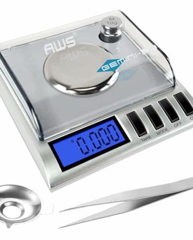 AWS Gemini-20 Milligram Scale 20g x 0.001g–Digital Jewelry/Lab Scale for Powder, Gold, Gems – Includes Calibration Weights, Tweezers & Tray–Tare, Cal, 6 Units (Gemini - 20 - Silver)