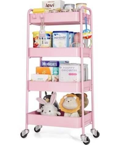 TOOLF 4-Tier Metal Rolling Cart with Wheels, Storage Utility Organizer Cart for Kitchen, Bathroom, Office, Baby Essentials & Makeup - Lockable Casters, Easy Assembly, 132 lbs Capacity, Pink