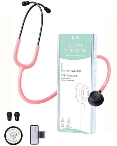 FriCARE Dual Head Stethoscope - Stethoscopes for Nurses, Medical Nursing Students, Paramedics/EMT/LVN/VNA Backup Estetoscopio, Aurora Pink Tube Matte Black Finish Chestpiece