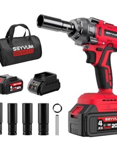 SEYVUM Impact Wrench,1/2" Impact Gun, Power Impact Driver Max Torque 320 Ft-lbs (430N.m), Cordless Impact Wrench with 20V Brushless Motor, 4.0Ah Li-ion Battery with Fast Charger, 4 Pcs Impact Sockets