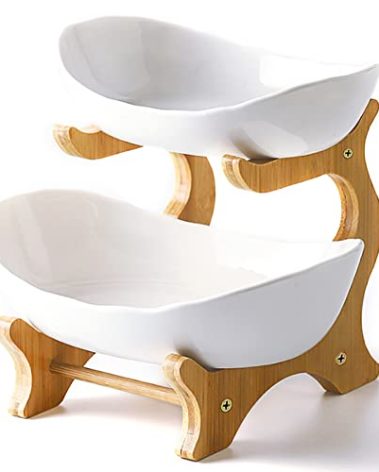 Liywall - 2 Tier Ceramic Fruit Bowl With Bamboo Wood Stand for Kitchen Counter,Porcelain Fruit Basket for Vegetable Storage,Snack Dessert Cake Tray Plate Rack for Party Wedding - White
