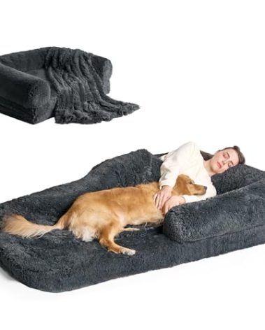 EHEYCIGA Foldable Human Dog Bed, Orthopedic Memory Foam Human Sized Dog Bed, Waterproof Pet Bed for People, Faux Fur Pet Couch for Adult, Dark Grey, 72"x44"x11"