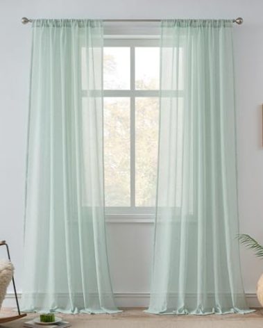 FMFUNCTEX Linen Sheer Curtains for Bedroom, Sage Green Curtains 84 inches Long for Living Room, Farmhouse French Flax Blend Window Draperies, Rod Pocket 2 Panels Set