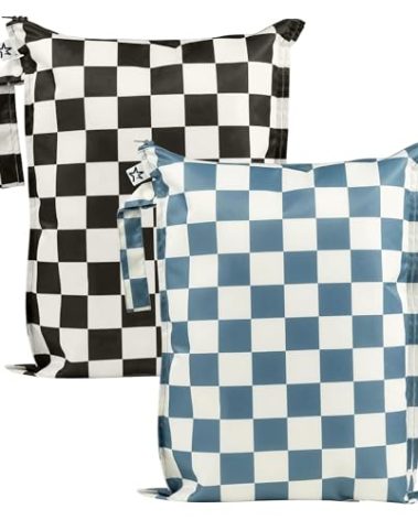 Tiny Twinkle Mess-Proof Waterproof Wet Dry Bag | 2-Pack Reusable Wet Bags for Swimsuits & Baby Clothes | Leakproof Wet Bag for Travel & Diaper Changes for Baby (Blue, Black Checkers)