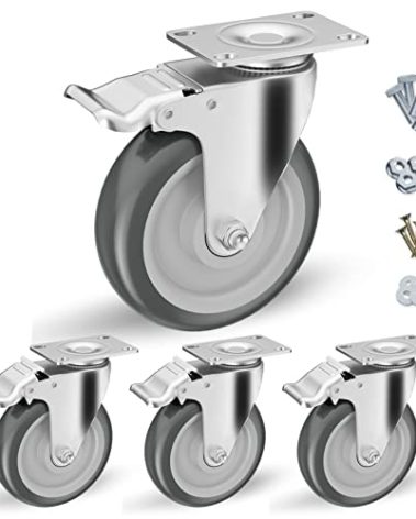 5 inch Caster Wheels, Casters Set of 4 Heavy Duty - CLOATFET Locking Swivel Casters with Brake (Top Plate), Non Marking Grey TPR Rubber Castor Wheels for Cart Furniture Workbench