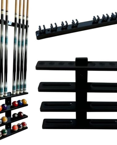 GACCO BILLIARDS Wall-Mounted Pool Stick Holder, All Handicraft Hardwood Rack for 8-Cue Storage, Billiard Accesories Organizer (BLACK)
