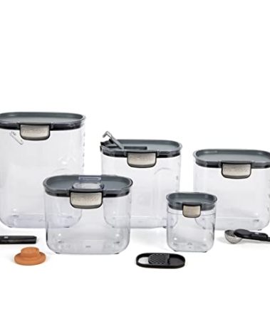 ProKeeper+ 9-Piece Airtight Food Storage Container Set – Clear Plastic Flour and Sugar Canister Set with Magnetic Accessories for Kitchen Organization (Grey, 9-Piece)