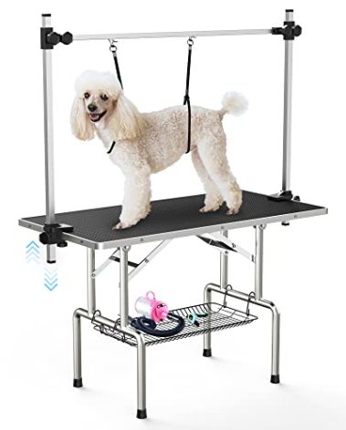 Lyromix 36''Large Dog Grooming Table, Adjustable Cat Drying Desktop with Arms, Nooses, Mesh Tray, Foldable Pet Station at Home, Maximum Capacity Up to 330Lb, 36inch, Black